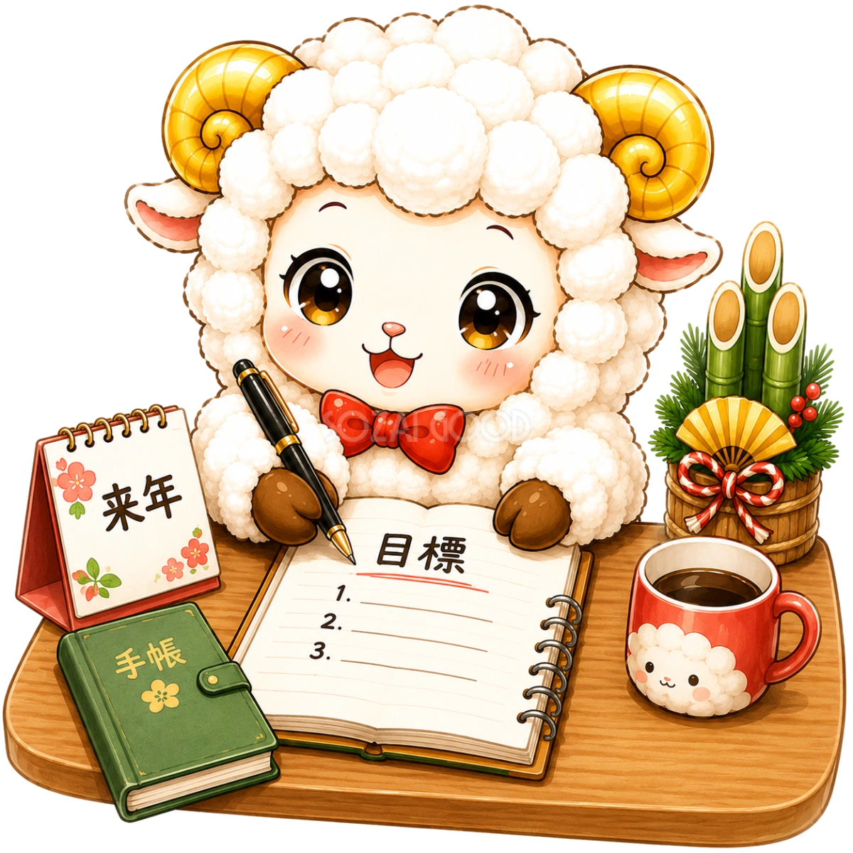 来年の目標を書く羊の無料・フリーイラスト素材（PNG）92570