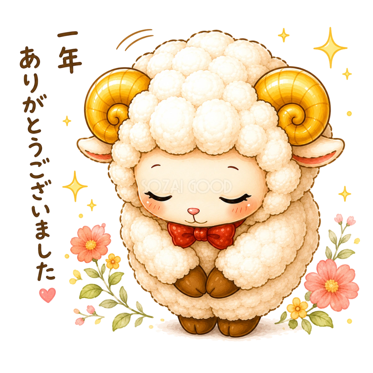 一年ありがとうのお辞儀をする羊の無料・フリーイラスト素材(PNG)92574