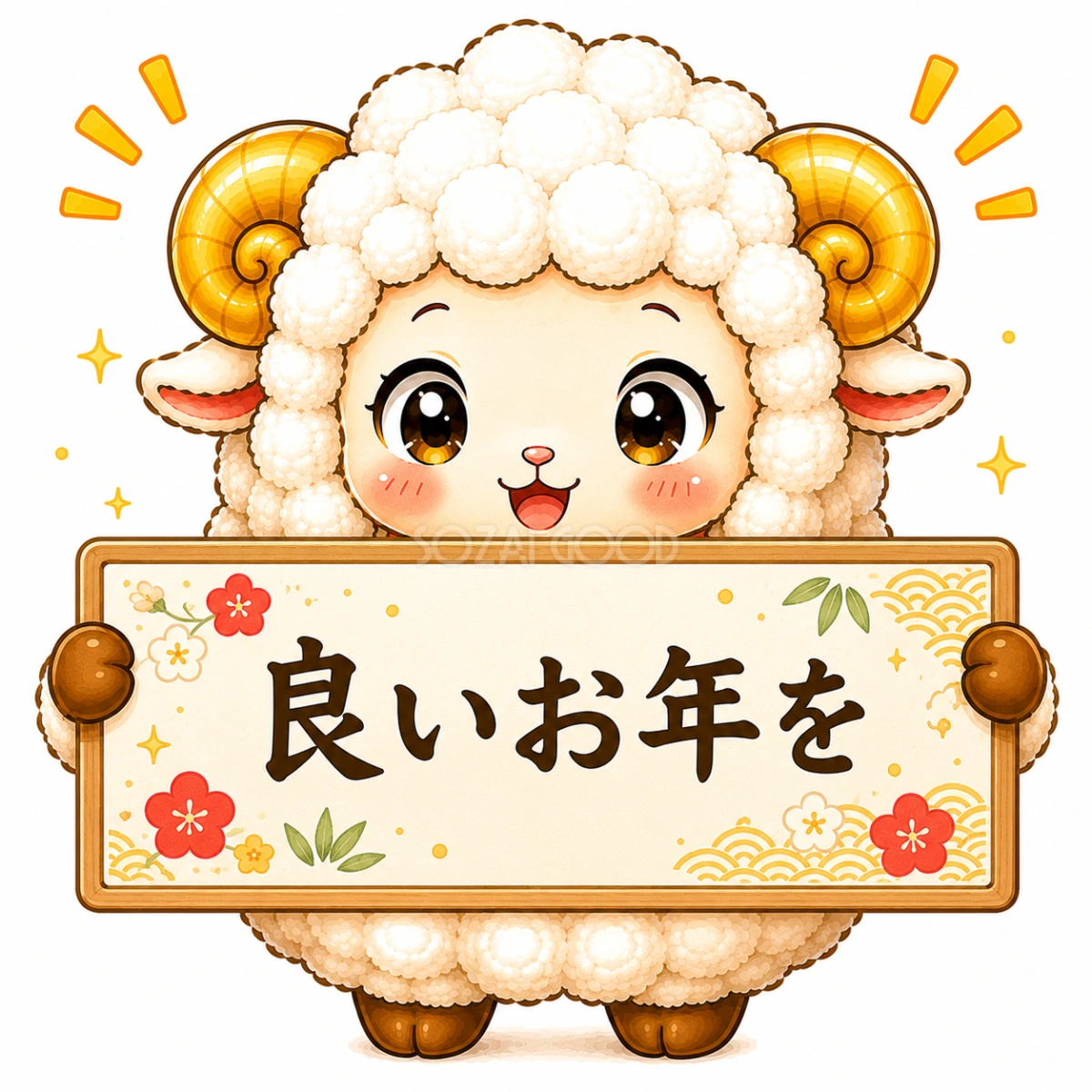 良いお年をボードを持つ羊の無料・フリーイラスト素材（PNG）92575