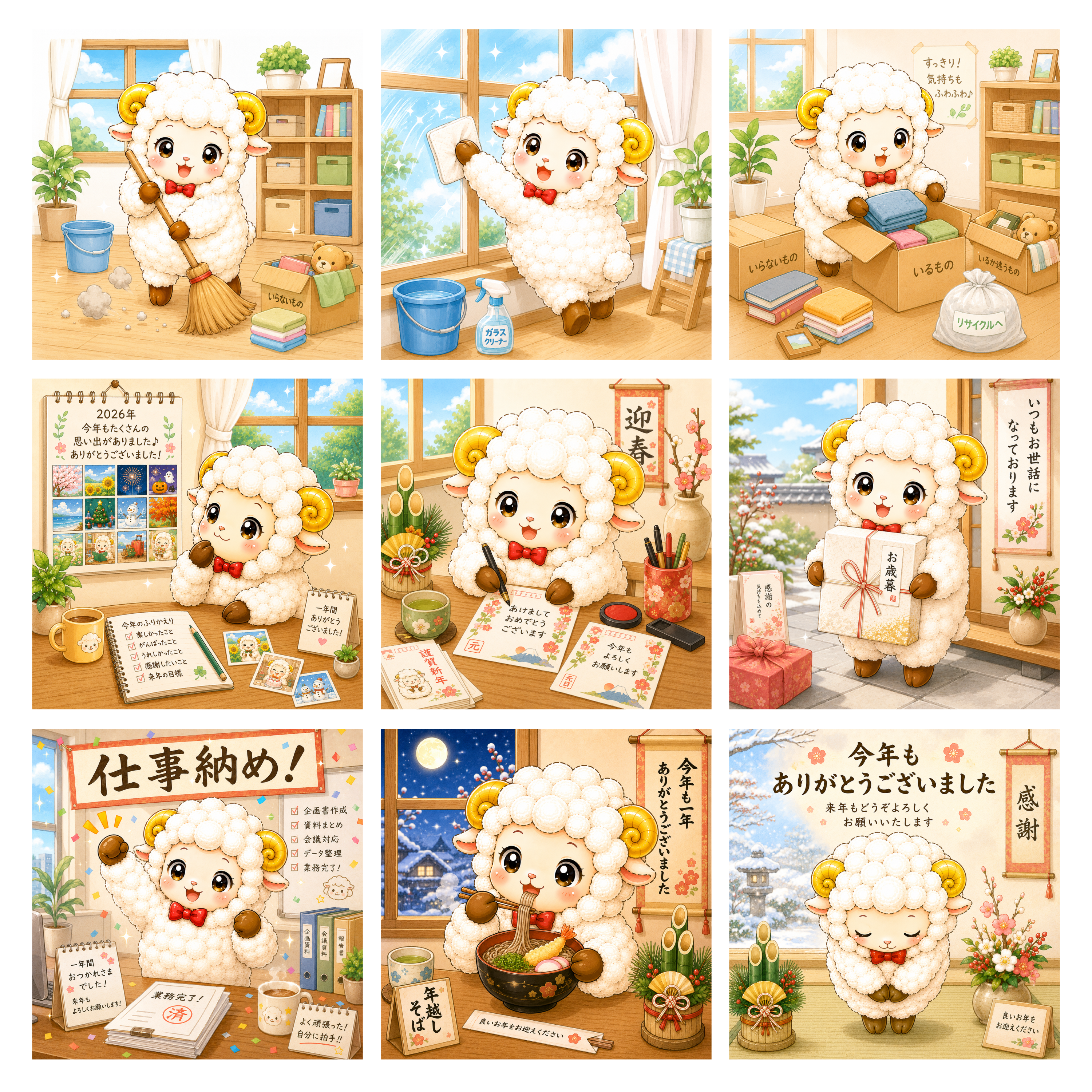 年末の羊・未年イラストセット（無料・商用フリー）大掃除・仕事納め・年越し・年賀状【PNG】92637に写真・文字を入れる