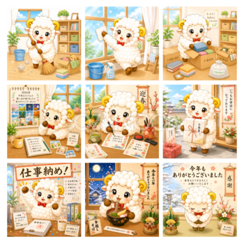 年末の羊・未年イラストセット（無料・商用フリー）大掃除・仕事納め・年越し・年賀状【PNG】92637