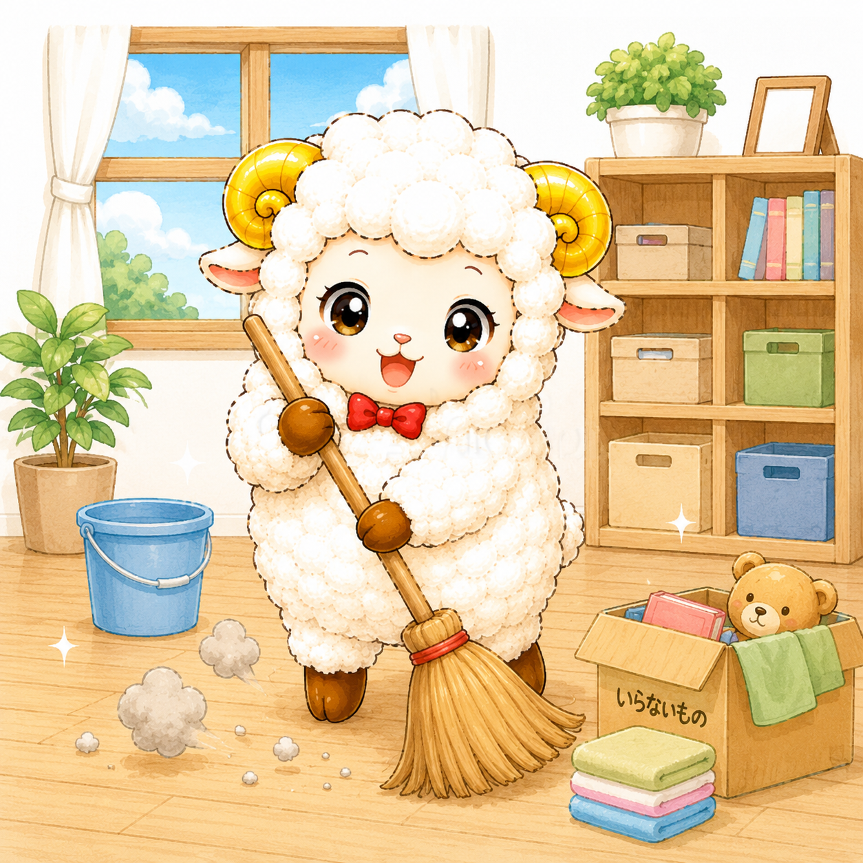 大掃除をする羊・未年のイラスト【無料・商用フリー】92638に写真・文字を入れる
