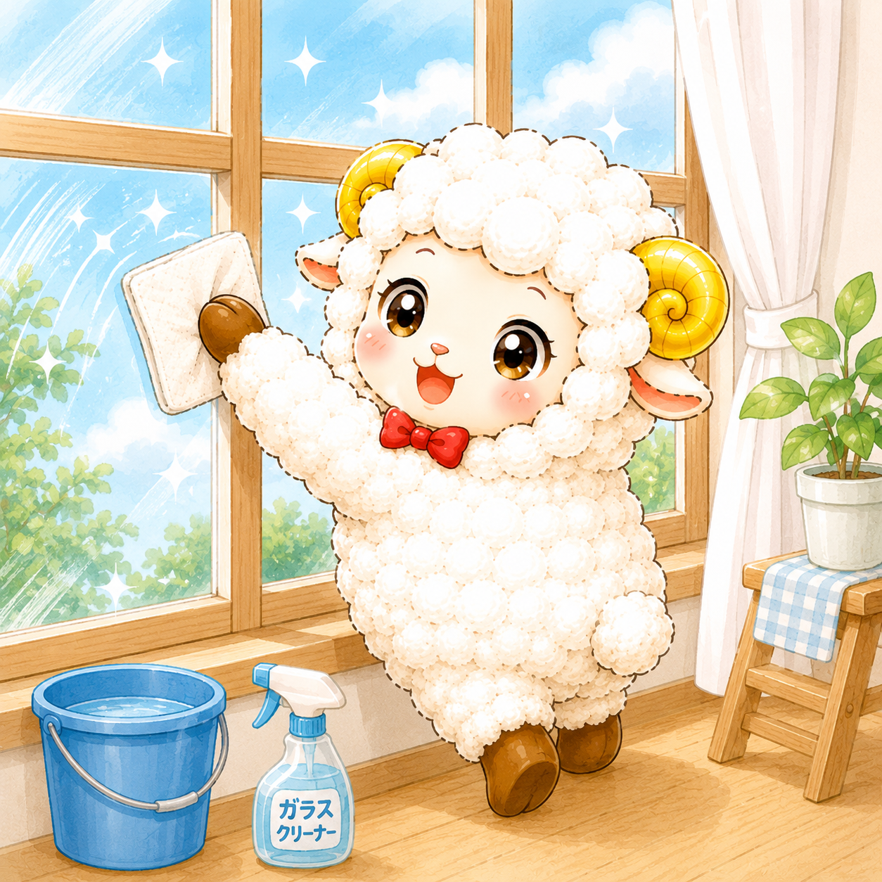窓拭きをする羊・未年のイラスト【無料・商用フリー】92639に写真・文字を入れる