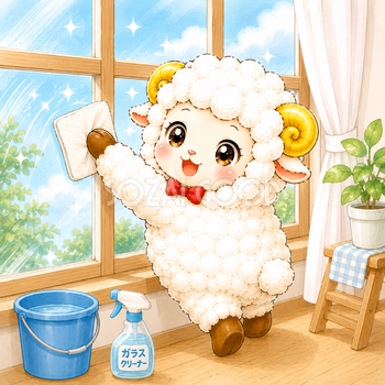 窓拭きをする羊・未年のイラスト【無料・商用フリー】92639
