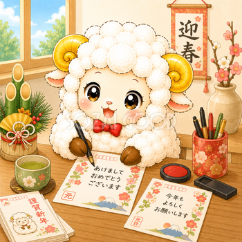 年賀状を書く羊・未年のイラスト【無料・商用フリー】92642
