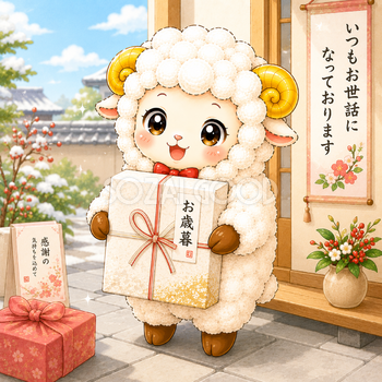 お歳暮を持つ羊・未年のイラスト【無料・商用フリー】92643