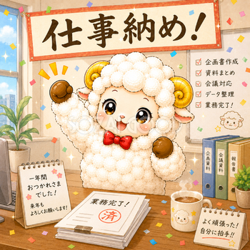 仕事納めを喜ぶ羊・未年のイラスト【無料・商用フリー】92644