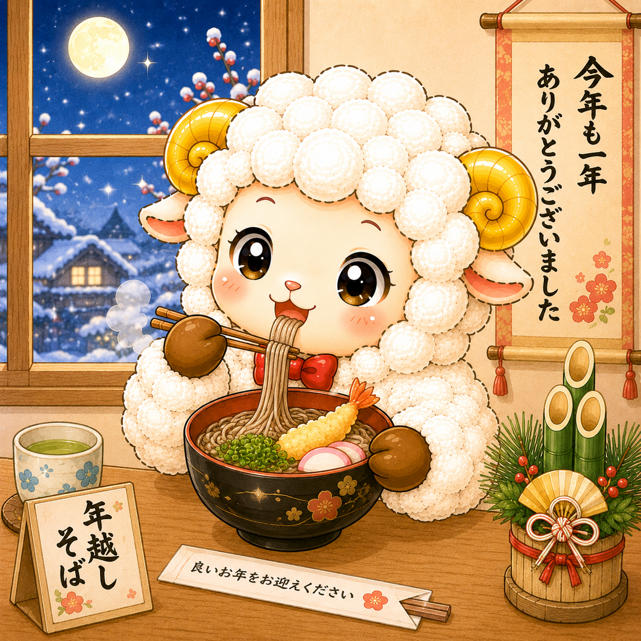 年越しそばを食べる羊・未年のイラスト【無料・商用フリー】92645に写真・文字を入れる
