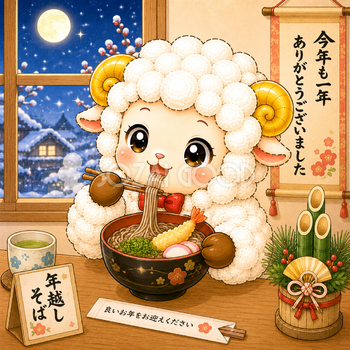 年越しそばを食べる羊・未年のイラスト【無料・商用フリー】92645