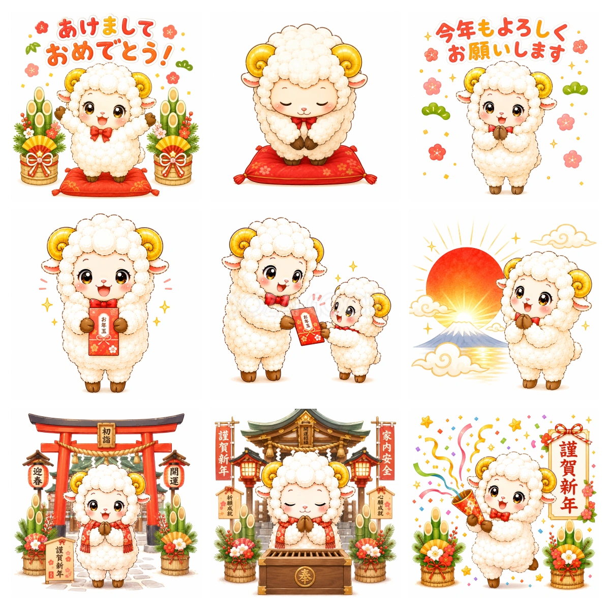 未年・お正月の羊イラスト(9種類)|新年・年賀状・初詣【無料PNG素材】92668
