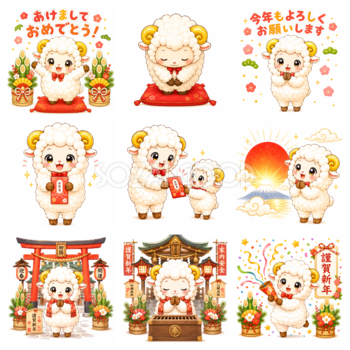 未年・お正月の羊イラスト（9種類）｜新年・年賀状・初詣【無料PNG素材】92668