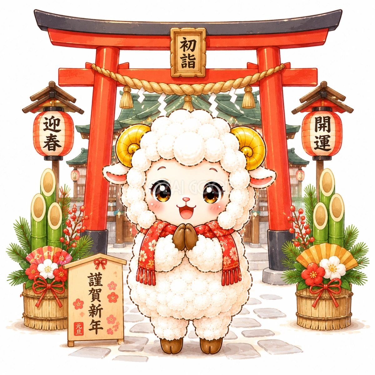 未年・初詣をする羊イラスト【無料PNG素材】92675