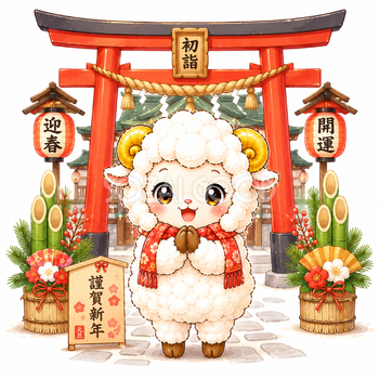 未年・初詣をする羊イラスト【無料PNG素材】92675