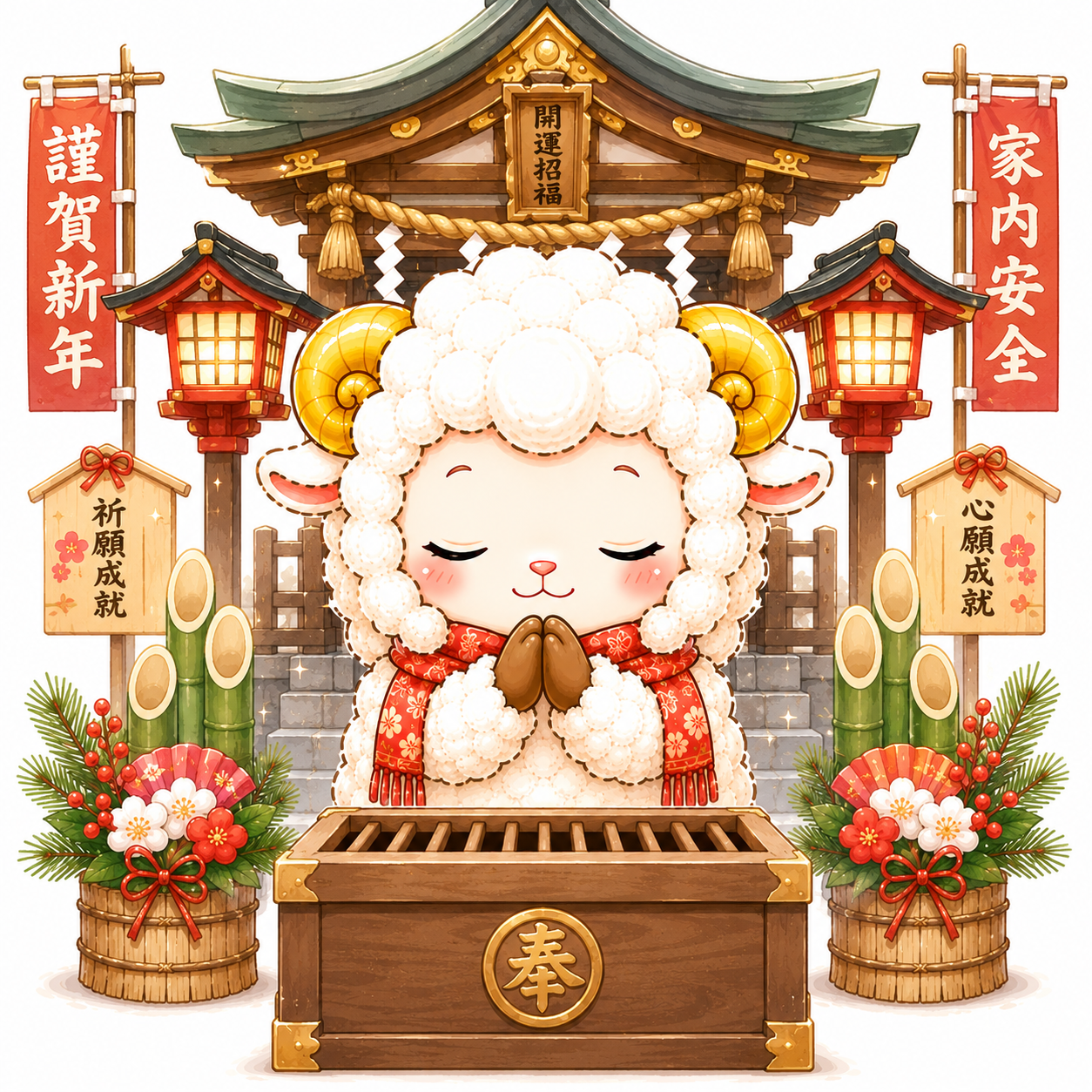 未年・神社でお参りする羊イラスト【無料PNG素材】92676に写真・文字を入れる