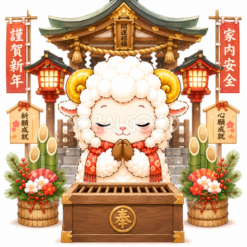 未年・神社でお参りする羊イラスト【無料PNG素材】92676