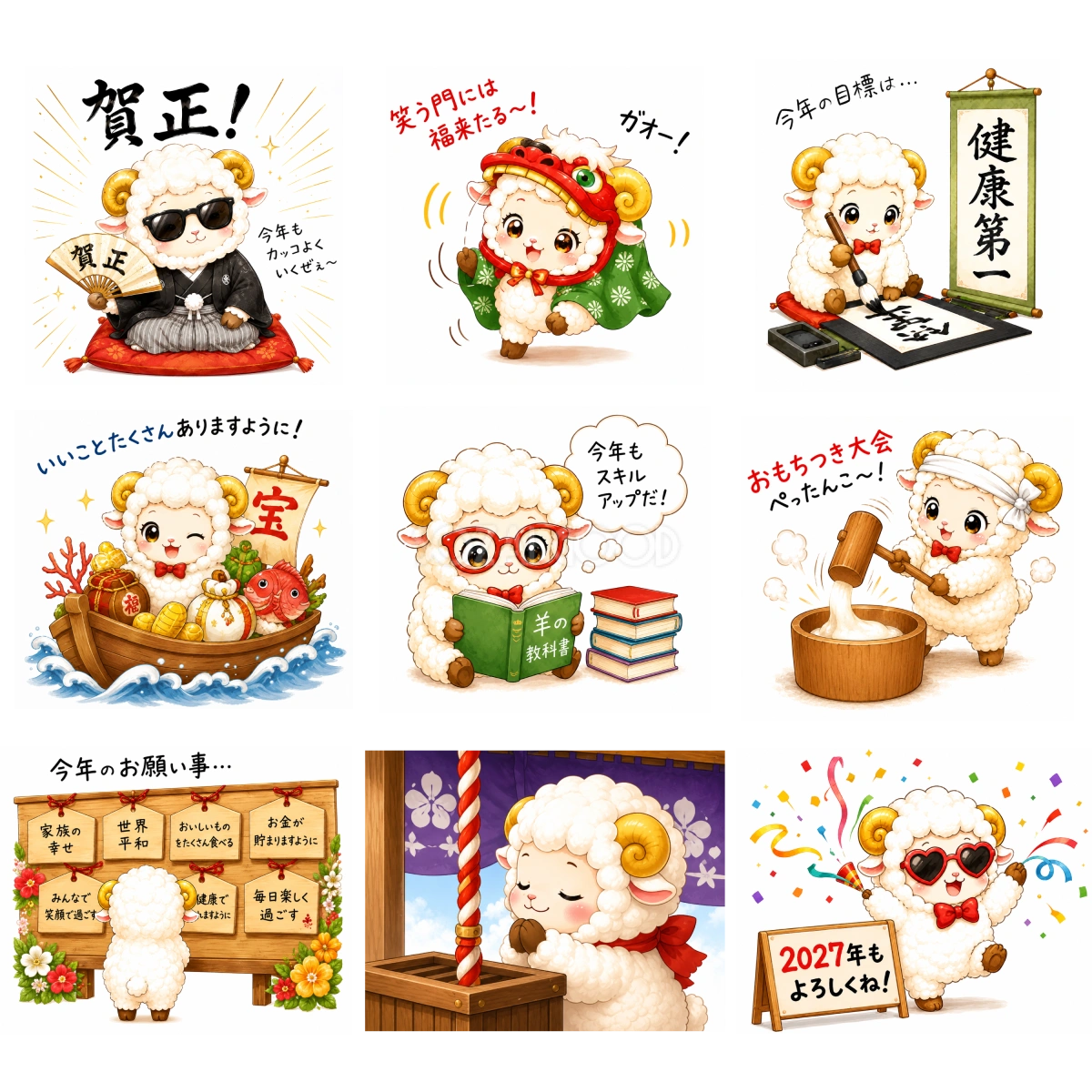 未年・羊年のお正月イラストセット【無料・商用フリー】年賀状・新年素材92702