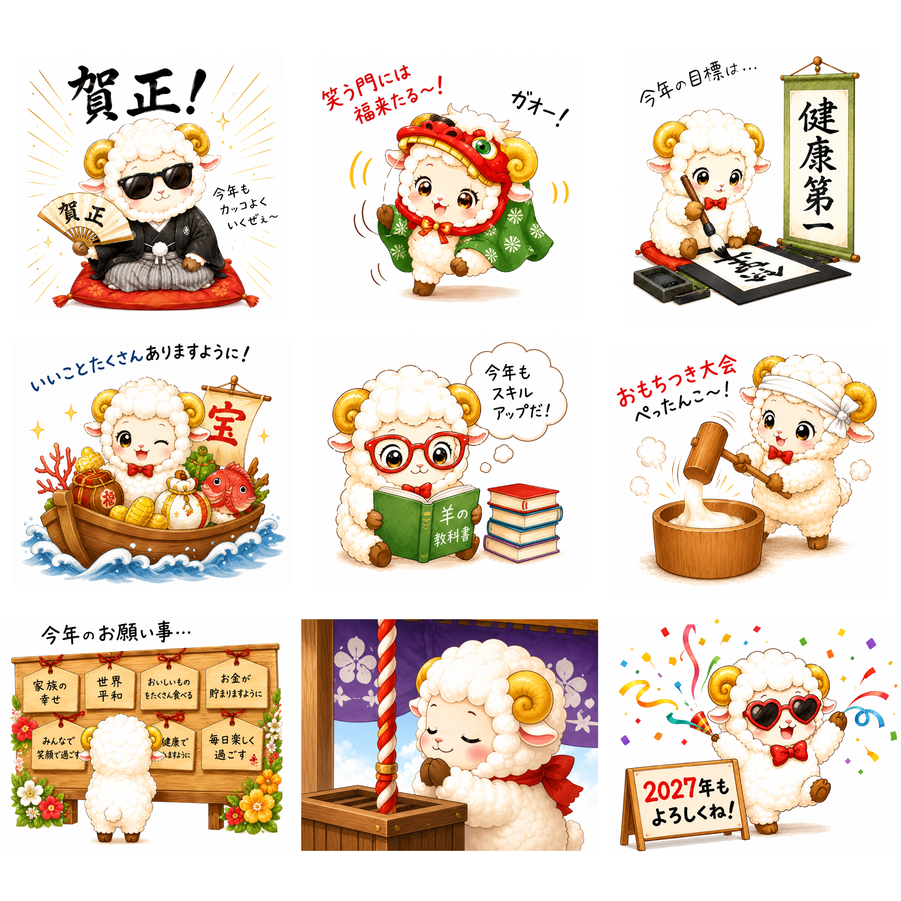 未年・羊年のお正月イラストセット【無料・商用フリー】年賀状・新年素材92702に写真・文字を入れる