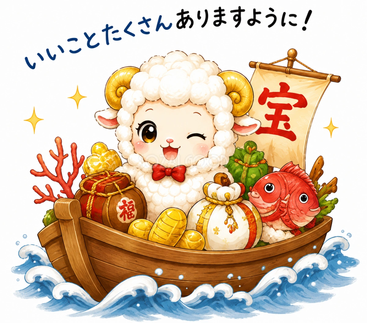 未年・羊年の宝船イラスト【無料・商用フリー】92706