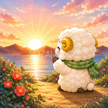 初日の出を拝む羊・羊年・未年フリーイラスト【無料PNG】92737