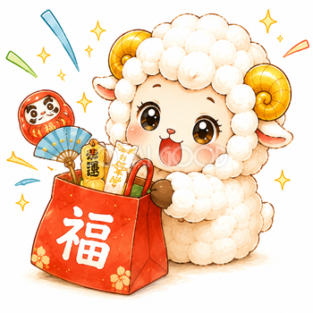 福袋を開ける羊・羊年・未年フリーイラスト【無料PNG】92741