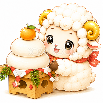 鏡餅を飾る羊・羊年・未年フリーイラスト【無料PNG】92742