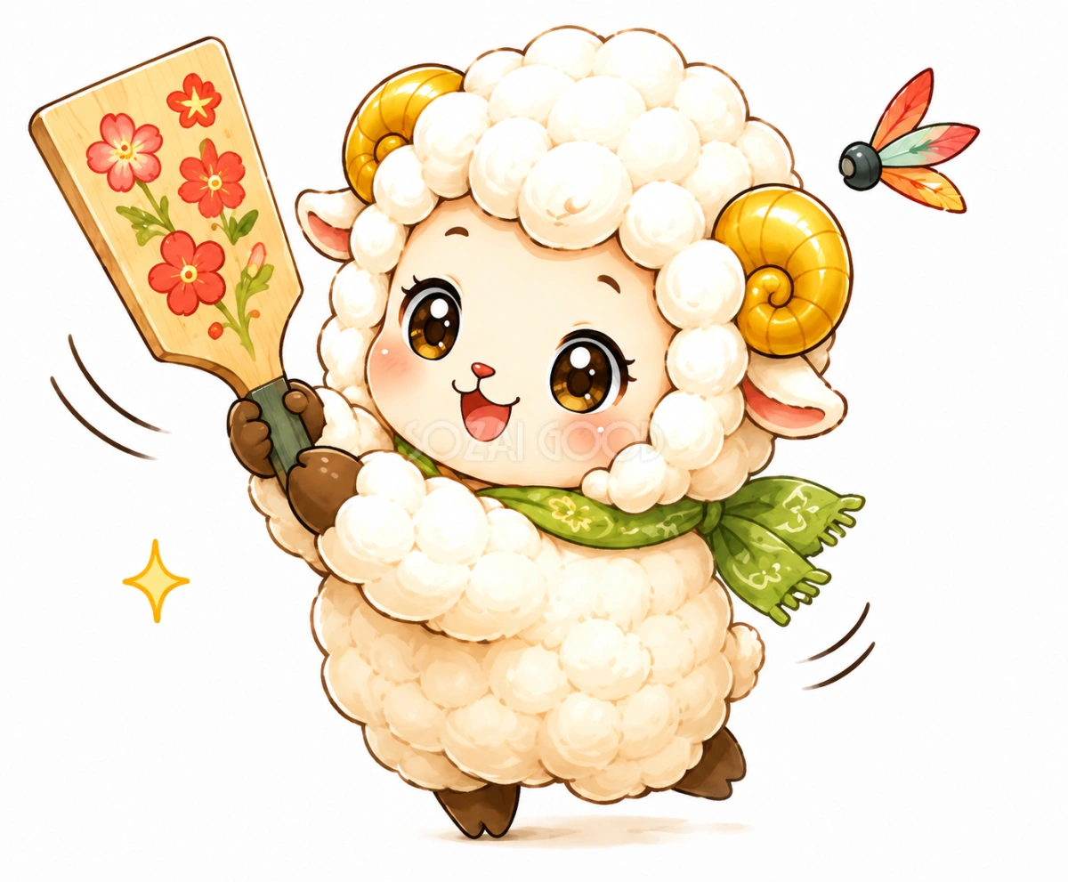 羽子板で遊ぶ羊・羊年・未年フリーイラスト【無料PNG】92743