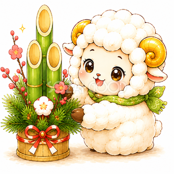 門松を飾る羊・羊年・未年フリーイラスト【無料PNG】92745