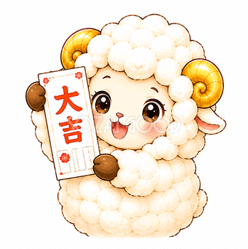 大吉のおみくじを引いて喜ぶ羊のGIFアニメーション【無料フリーイラスト】92768