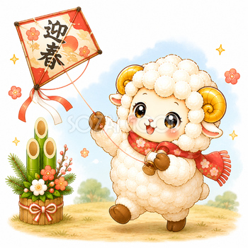 凧揚げをする羊イラスト【無料・フリーPNG】羊年・未年のお正月素材92770