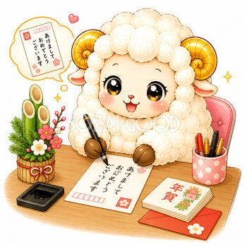 年賀状を書く羊イラスト【無料・フリーPNG】羊年・未年のお正月素材92771