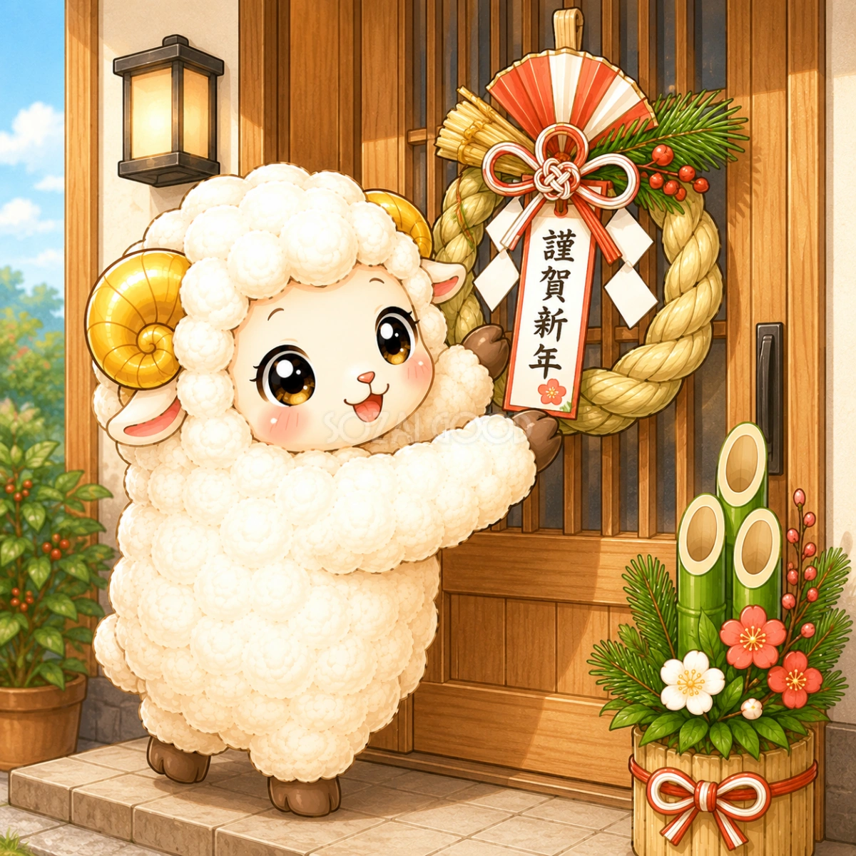 しめ縄を飾る羊イラスト【無料・フリーPNG】羊年・未年のお正月素材92773