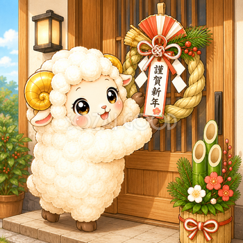 しめ縄を飾る羊イラスト【無料・フリーPNG】羊年・未年のお正月素材92773