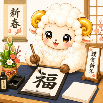 書き初めをする羊イラスト【無料・フリーPNG】羊年・未年のお正月素材92774