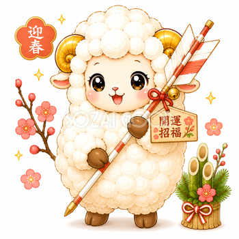 破魔矢を持つ羊イラスト【無料・フリーPNG】羊年・未年・開運素材92776