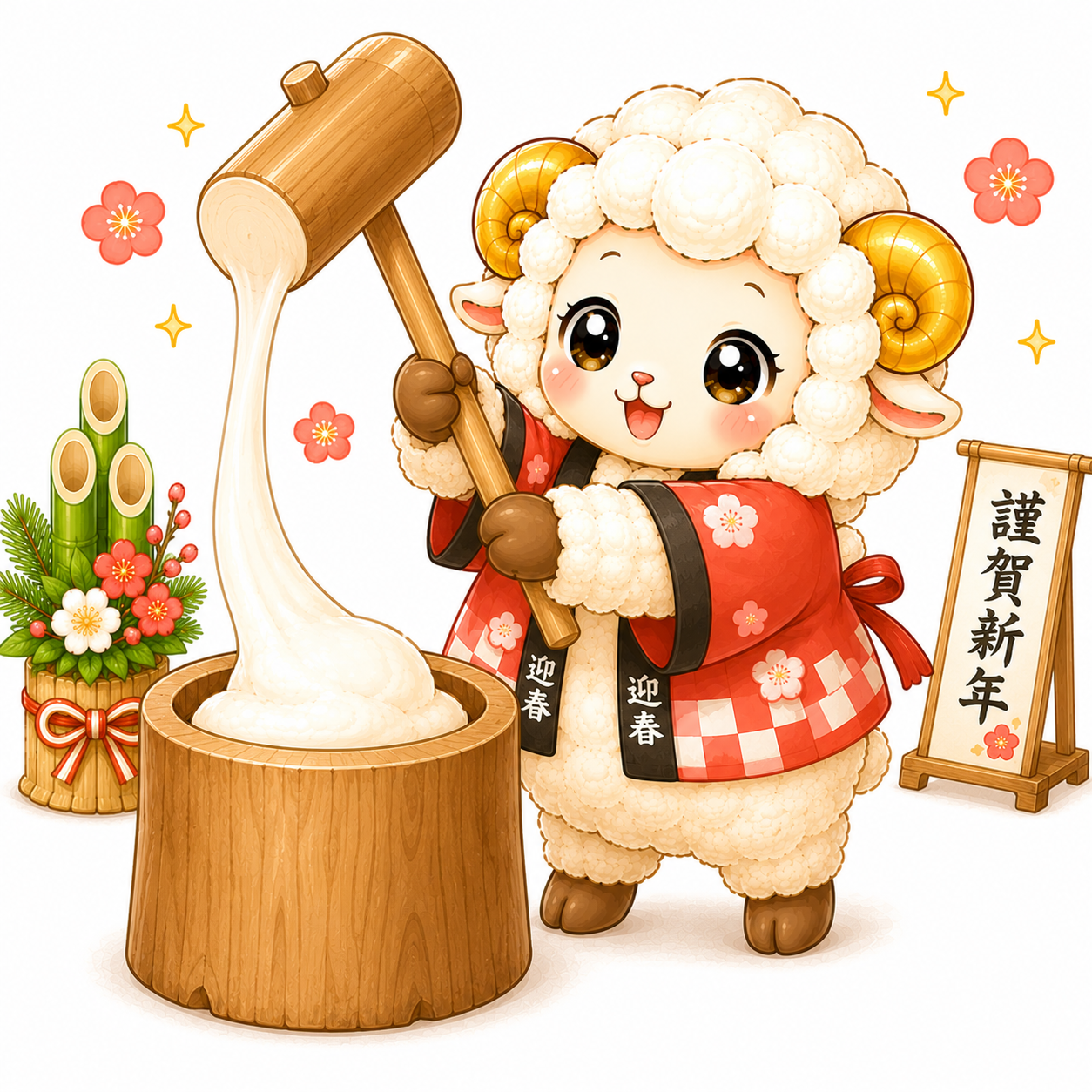 もちつきをする羊イラスト【無料・フリーPNG】羊年・未年のお正月素材92777に写真・文字を入れる