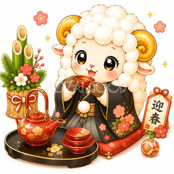  お屠蘇を飲む羊イラスト【無料・フリーPNG】羊年・未年のお正月素材92778