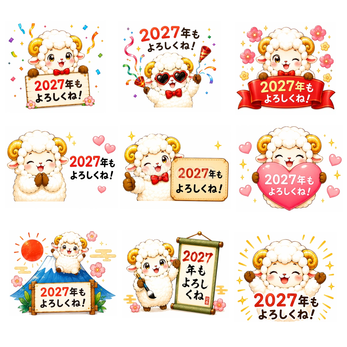 2027年もよろしくね！羊年・未年のフリーイラストセット【無料PNG素材】92803