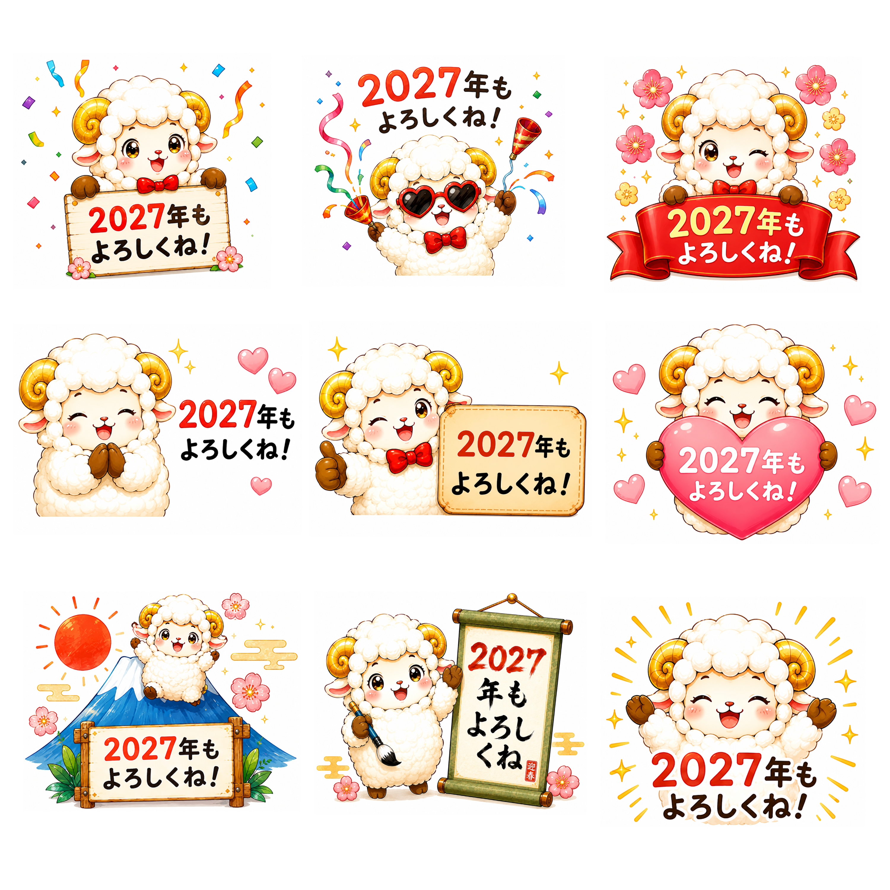 2027年もよろしくね！羊年・未年のフリーイラストセット【無料PNG素材】92803に写真・文字を入れる