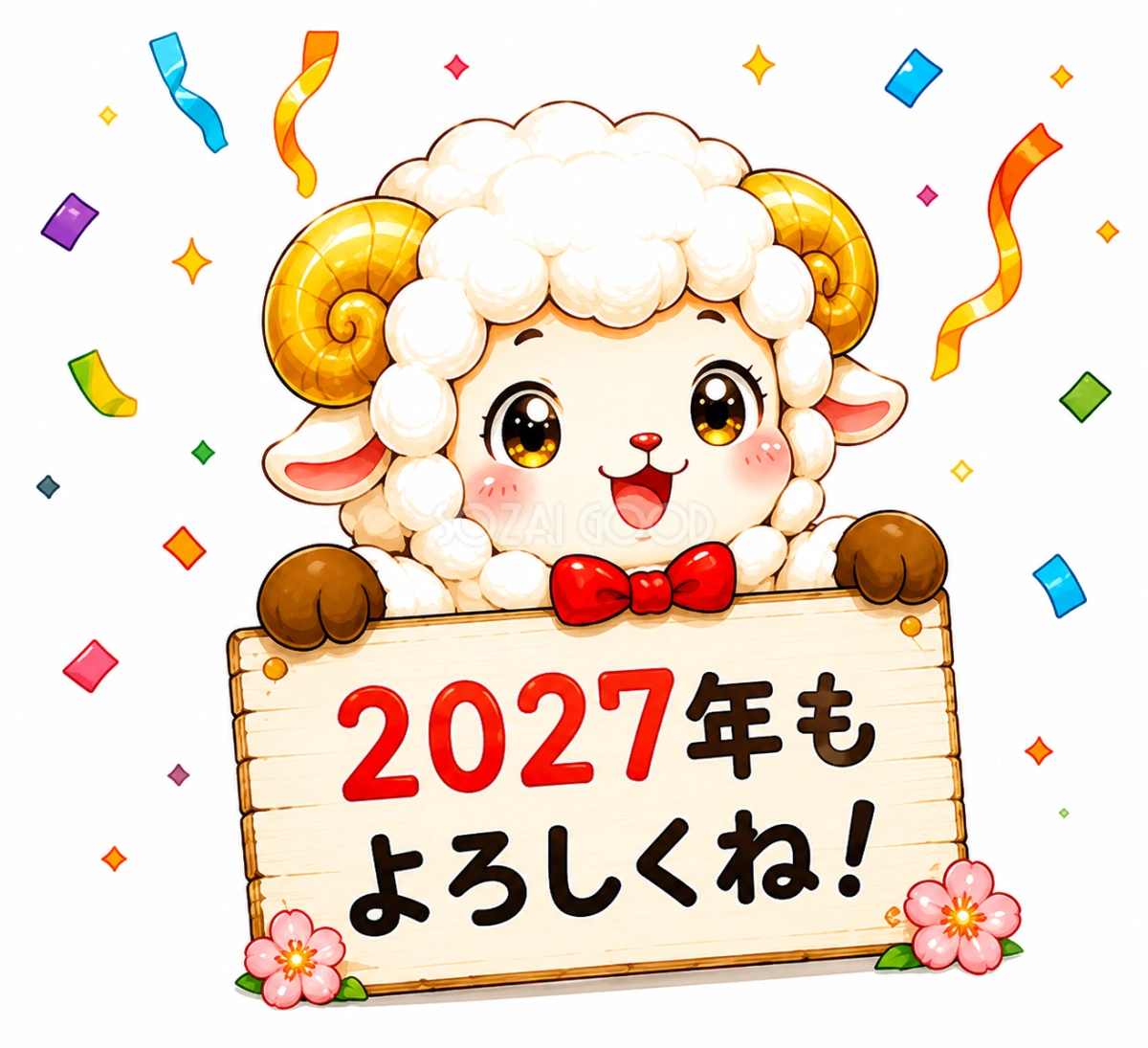2027年もよろしくね!羊年・未年の木の看板フリーイラスト【無料PNG素材】92804