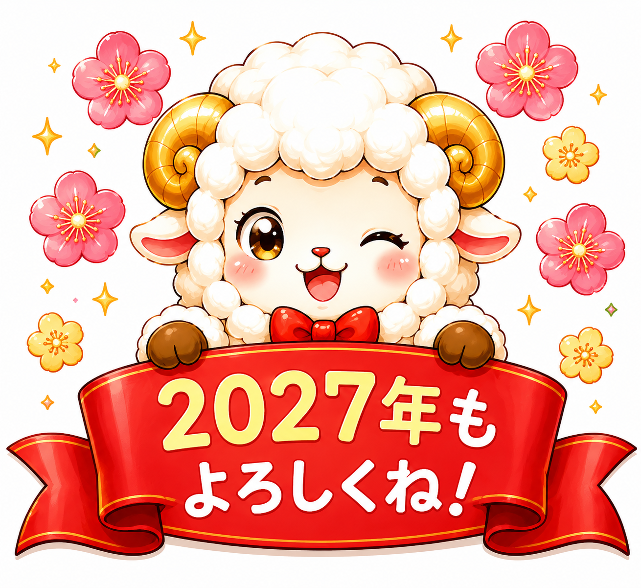 2027年もよろしくね！リボンバナーを持つ羊年・未年フリーイラスト【無料PNG素材】92806に写真・文字を入れる