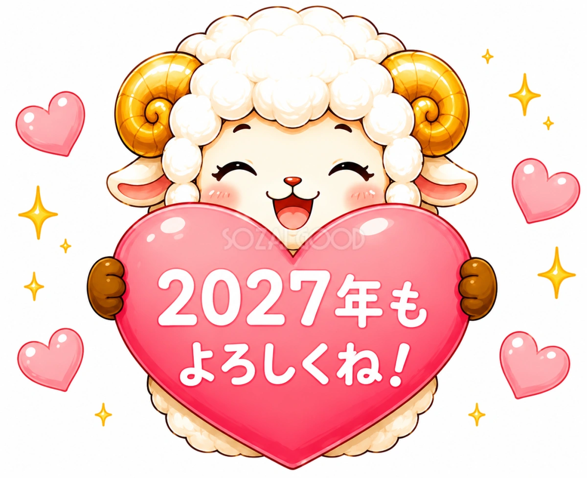 2027年もよろしくね！ハートを持つ羊年・未年フリーイラスト【無料PNG素材】92809