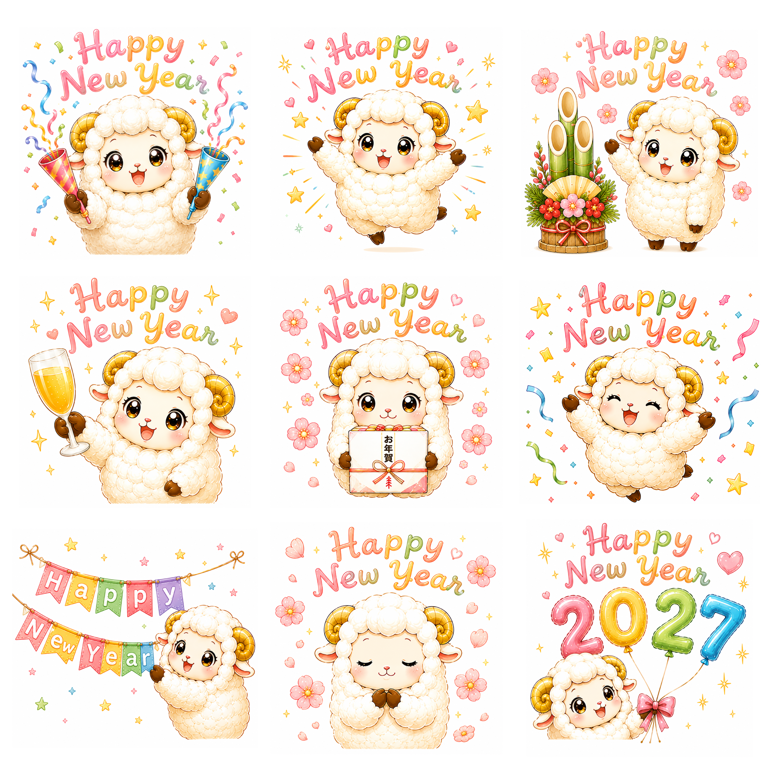 Happy New Year イラスト（羊・未年）無料・商用フリー【2027年・お正月PNG】92855に写真・文字を入れる