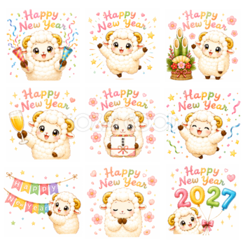 Happy New Year イラスト（羊・未年）無料・商用フリー【2027年・お正月PNG】92855