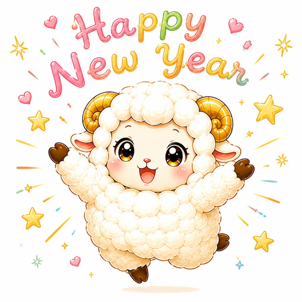 Happy New Year！両手を広げて喜ぶ羊・未年のイラスト【無料・商用フリー】92857に写真・文字を入れる