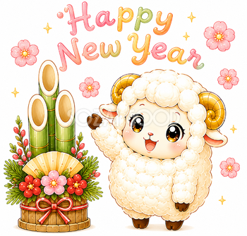 Happy New Year！門松と羊・未年のお正月イラスト【無料・商用フリー】92858