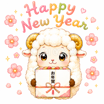 Happy New Year！お年賀を持つ羊・未年のイラスト【無料・商用フリー】92860