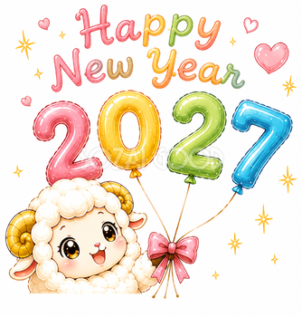 Happy New Year！2027年バルーンを持つ羊・未年のイラスト【無料・商用フリー】92864