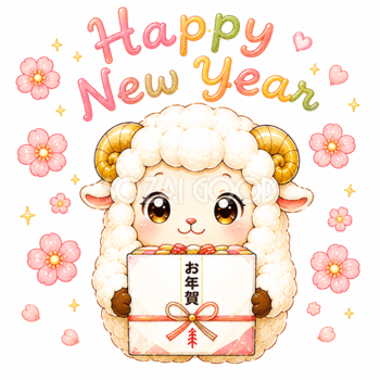 Happy New Year！お年賀を持つ羊・未年の無料GIFアニメーション92885