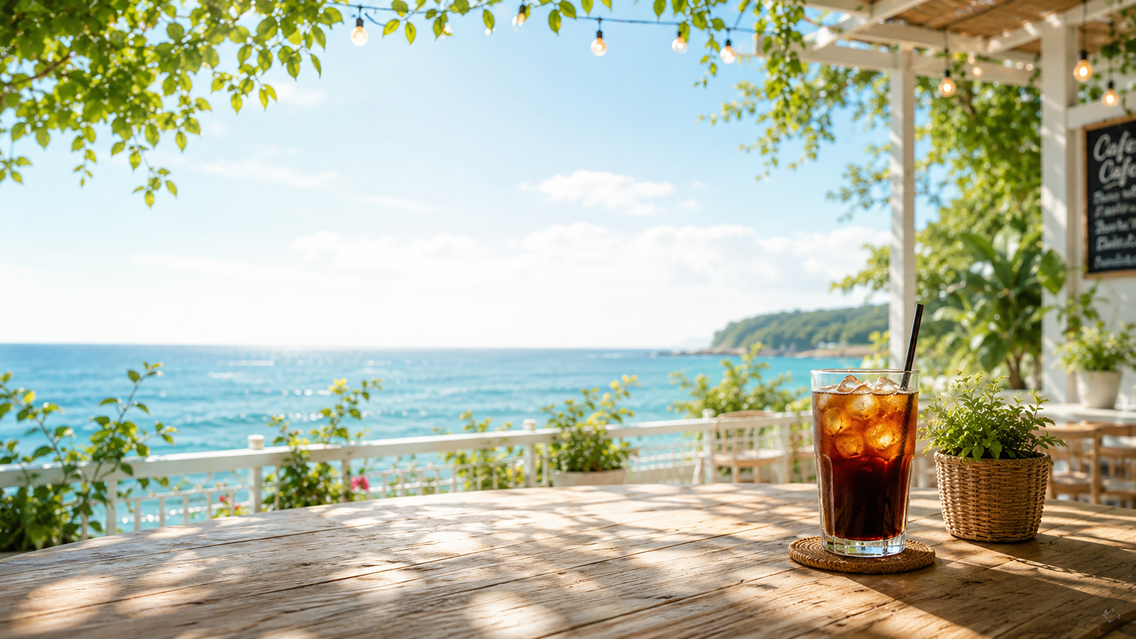 夏のテラスでアイスコーヒー背景イラスト｜おしゃれなカフェの無料背景素材【高画質】92887に写真・文字を入れる