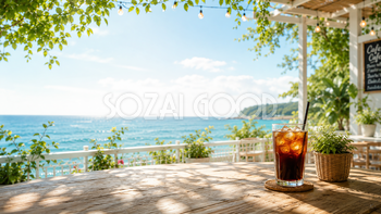 夏のテラスでアイスコーヒー背景イラスト｜おしゃれなカフェの無料背景素材【高画質】92887